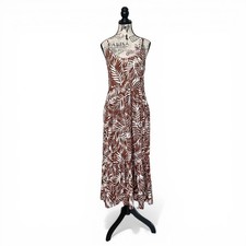 Emily Daniels Maxi Dress Womens XL Brown Tropical Palm Print Smocked Tiered Boho