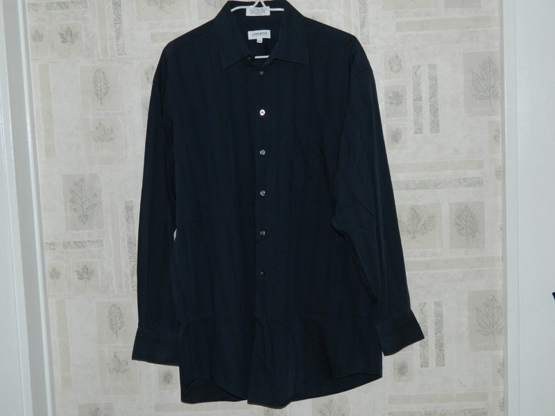 CONCEPTS BY CLAIBORNE Blue Black Striped Long S Men's Shirt Size 17 Wrinkle Free