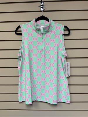 L Lulu B Sleeveless Top V Neck Zip Mandarin Collar Pink Mint Circle Lattice NWT