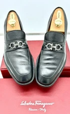 Ferragamo Mens Black Loafers 11.5 Pebbled Leather Silver Gancini Bit Buckle
