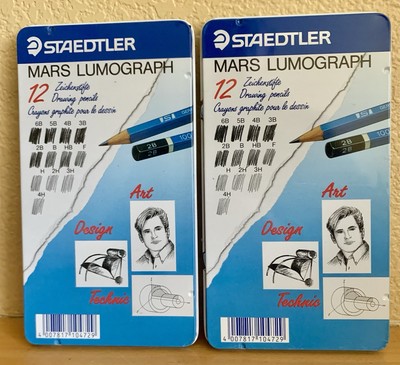 Two Staedtler Mars Lumograph Drawing Pencils Metal Cases Germany New