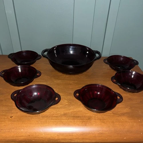 Anchor Hocking Glass 1940s Ruby Red Glass Berry Bowl Set, Coronation Handled (7)