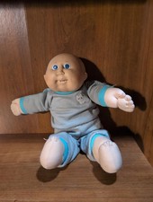 Vintage Baby Doll with Blue Eyes in Grey and Blue Outfit - Rare VG