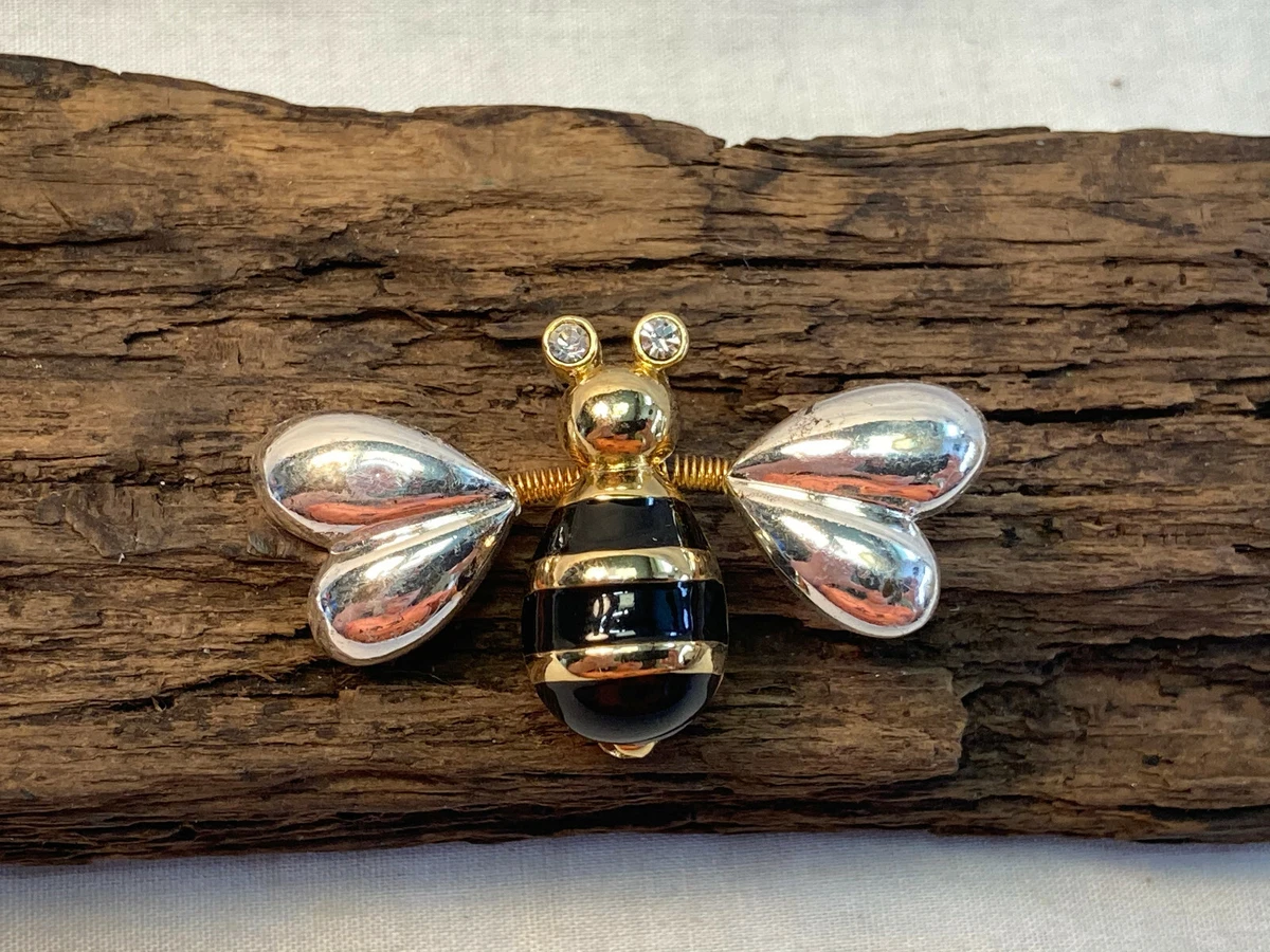 Super Cute Bumble Bee Pin Brooch Spring Loaded Wings Black Enamel