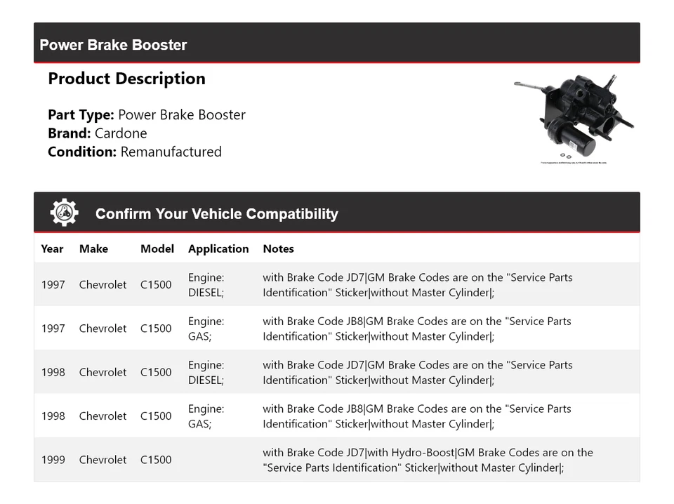 For 1997-1999 Chevrolet C1500 Power Brake Booster Cardone 1998 - Image 2 of 3