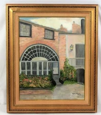 Vintage Oil on Canvas Courtyard Garden Entrance Signed and Framed  Painting