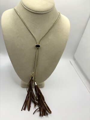 Gold Tone Y Drop Leather Fringe Tassel Necklace White House