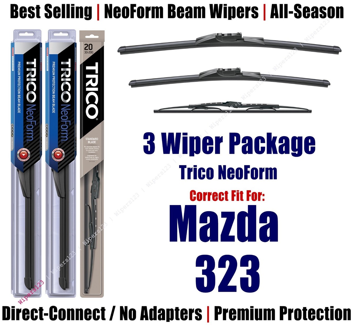 3pk Wipers Front & Rear - NeoForm - fit 1986-1989 Mazda 323
