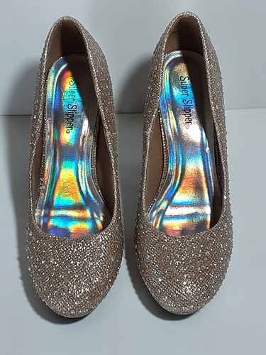 Silver Slipper Stiletto Mirage Size 8M Gold Glitter 4" Heel Prom Wedding - Picture 3 of 6