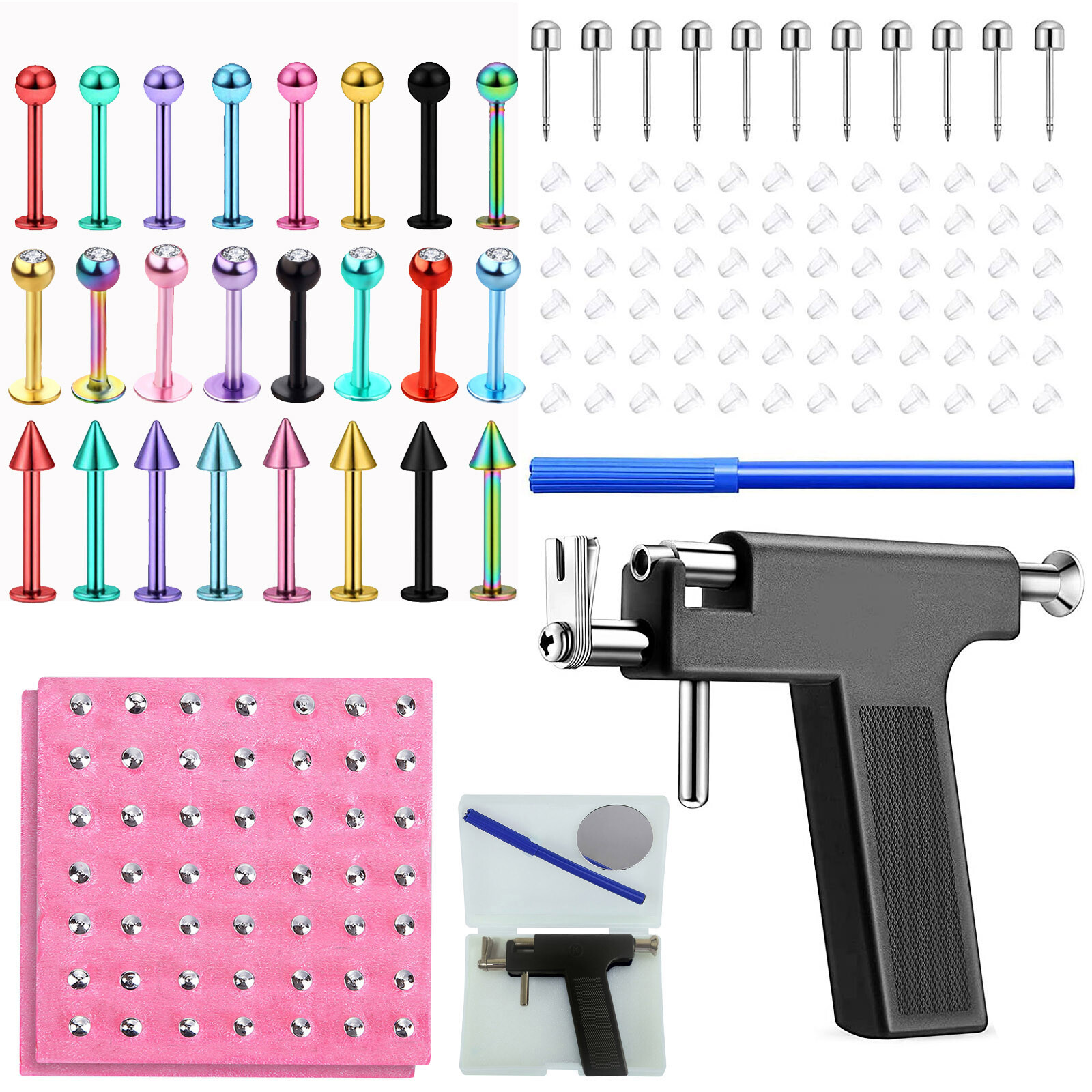 Ear Body Nose Navel Lip Tongue Piercing Gun Tool Kit 122pcs Ear Studs Piercer