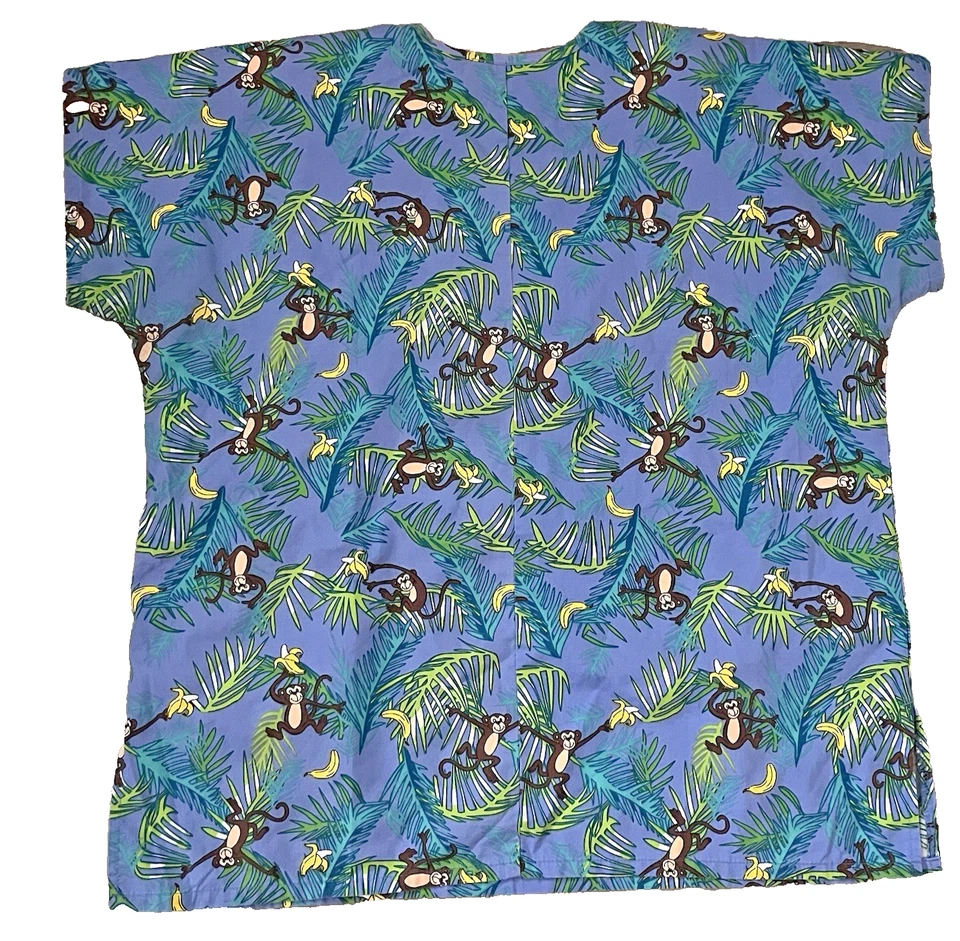 Blusa Médica MHD Estampada de Mono Adulto Mediana Azul Uniforme Bolsillos Foto 2 de 4