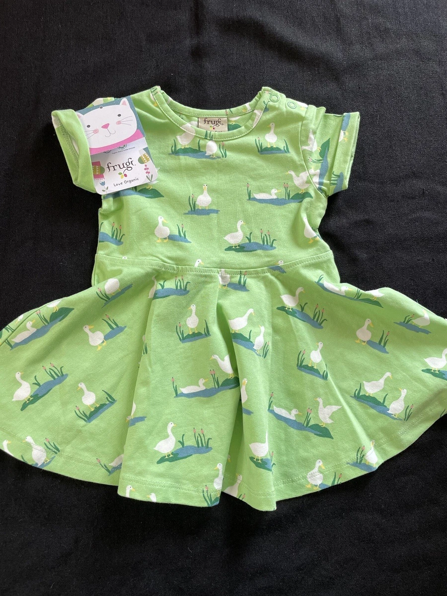 Frugi UK NWT Green Wht Duck Organic Cotton Skater Dress 3 6Mos