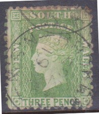 (F314-130) 1860s NSW 3d green small diadem stamp (ED)