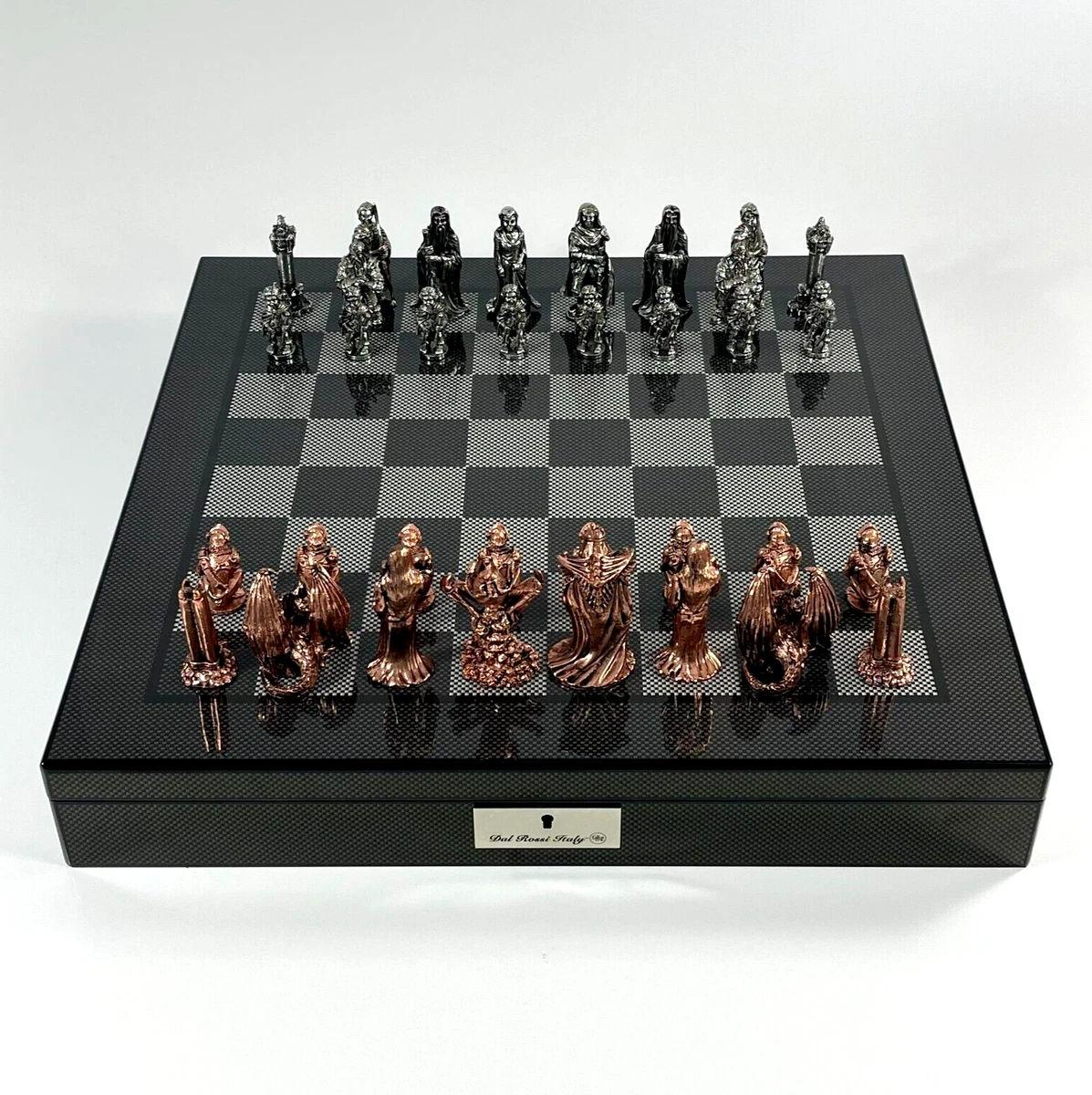 Dal Rossi 50cm Carbon Fibre Finish Board + Evil Ring Themed Metal Chess Set