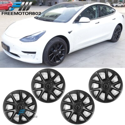Fits 17-23 Tesla 3 18'' Full Rim Wheel Cover Hubcaps Razor Matte Black Snap On