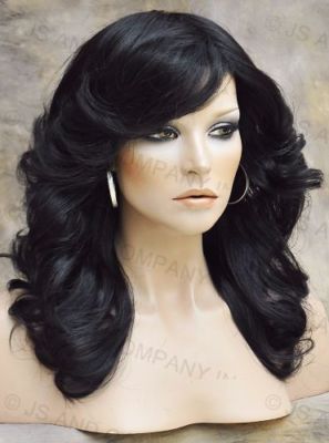 Feathered Farrah Hair Do Off Black open curls layered Bangs Hair piece NWT  1B