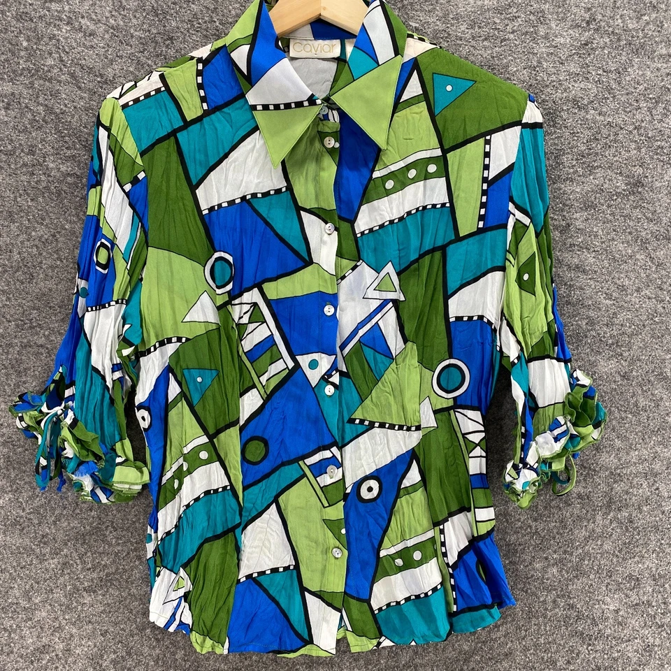 Рубашка женская Caviar M средняя зеленая с геометрическим узором на пуговицах с воротником рукав 3/4 повседневная - Изображение 4 из 4