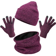 3-piece Set  Knitted Hat + Scarf + Touch Screen Gloves Winter Warm Set one size