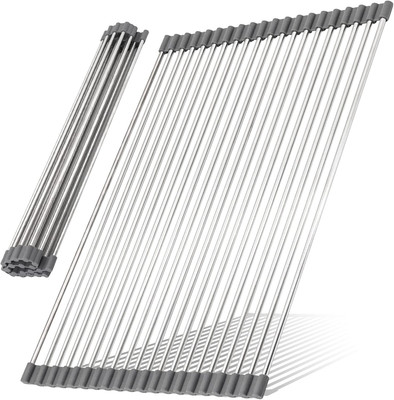 Silicon and Stainless Steel, Roll-Up Rectangle Sink Drying Rack, Recover Bench