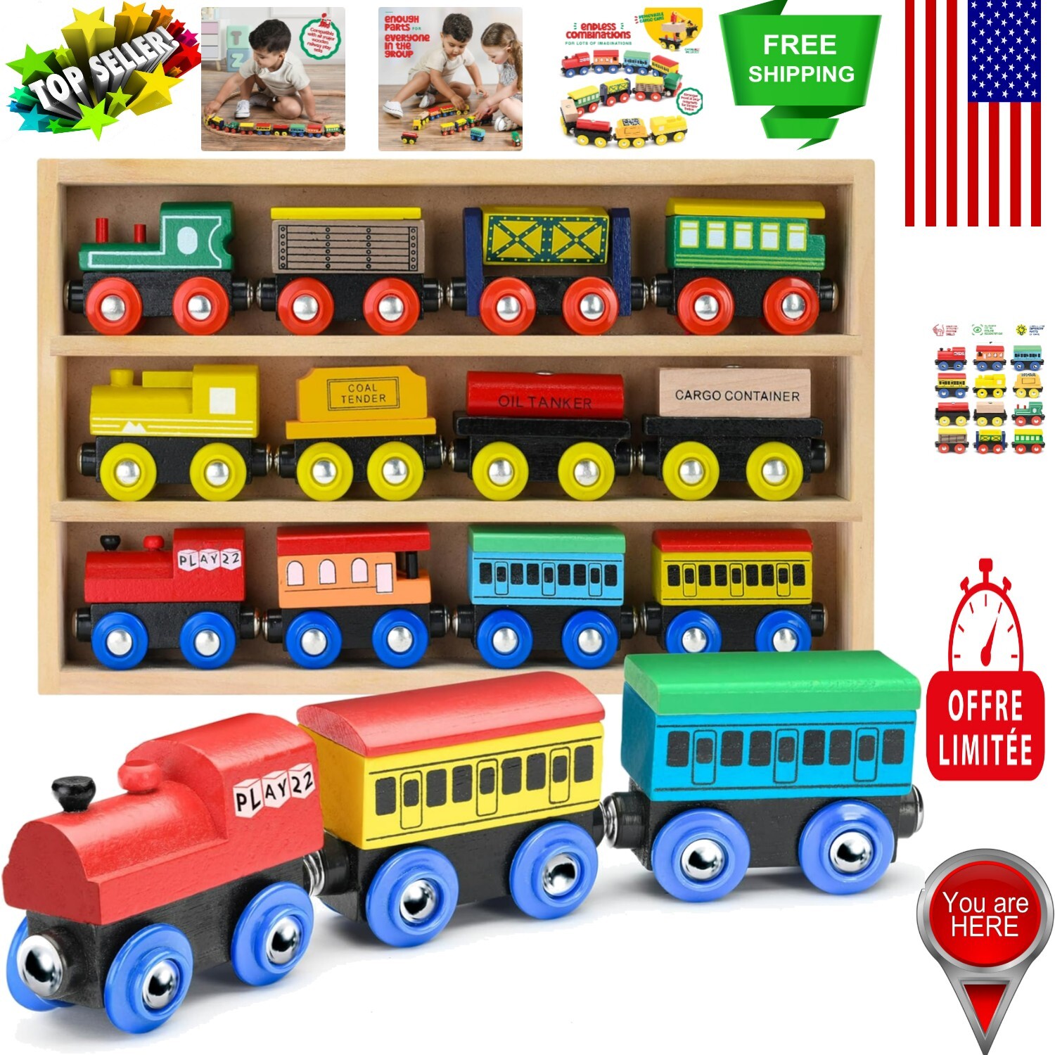 STEM Wooden Train Set - 12 PCS with 3 Magnetic Engines - Educational Toy Gift Box