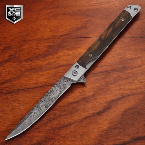 8" DAMASCUS Etched Slim BALL BEARING Flip Open Folding Pocket Knife w/ Sheath