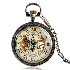 Roman Dial Pocket Watch with Flower Design Bronze Mechanical Manual Unique Gift