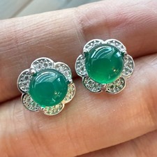 925 Sterling Silver Earrings 6mm Natural Emerald Gemstone Green Flower Zircon