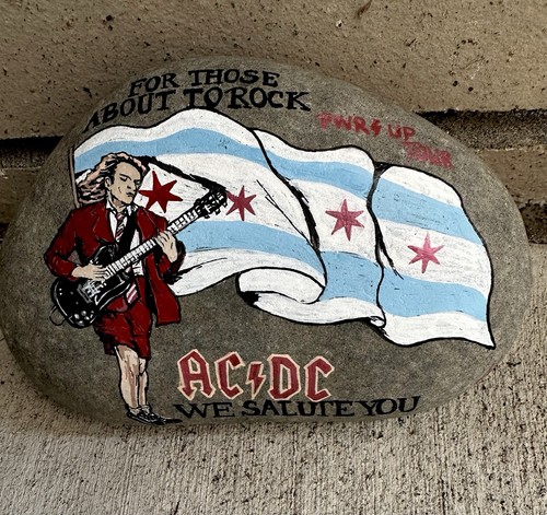 Art Hand Painted Iconic ACDC’s Angus Young painted on a Large Rock 8x6x3 - Picture 12 of 13