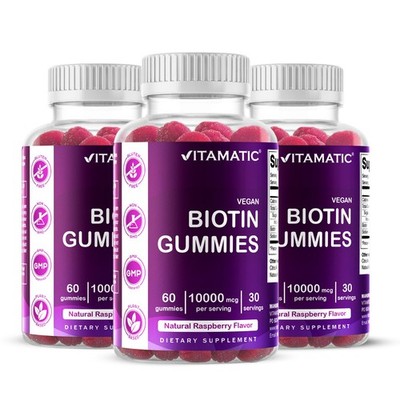3 Pack Vitamatic Biotin Gummies 10000 mcg for Stronger Hair Skin Nails 60 Vegan