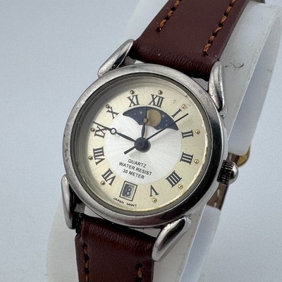 VTG Honors Japan Quartz Watch Women Moon Phase Date Silver Leather New Battery