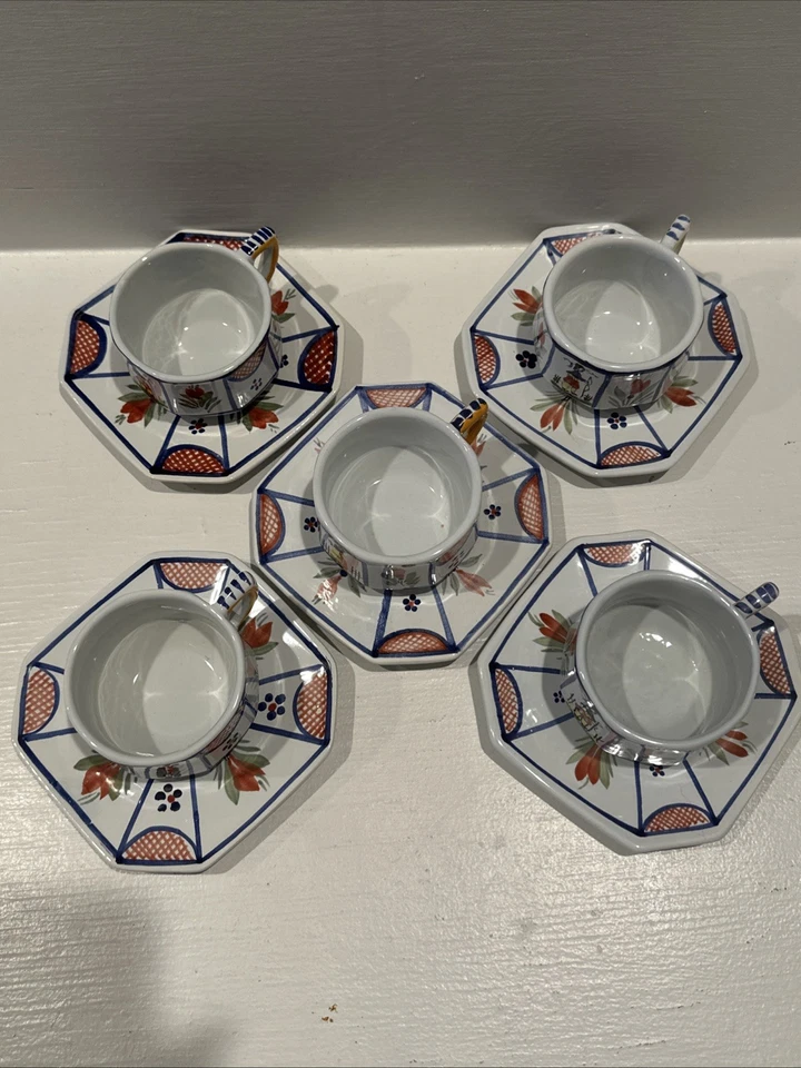 HB Quimper France Hand Painted Demitasse Cups & Saucers Five Cups Five Saucers - Image 2 of 4