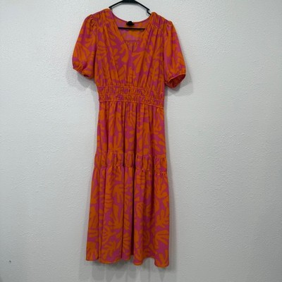 KATE and LILY Women's Size 12 Pink Orange Abstract Leaf Tiered Midi Dress