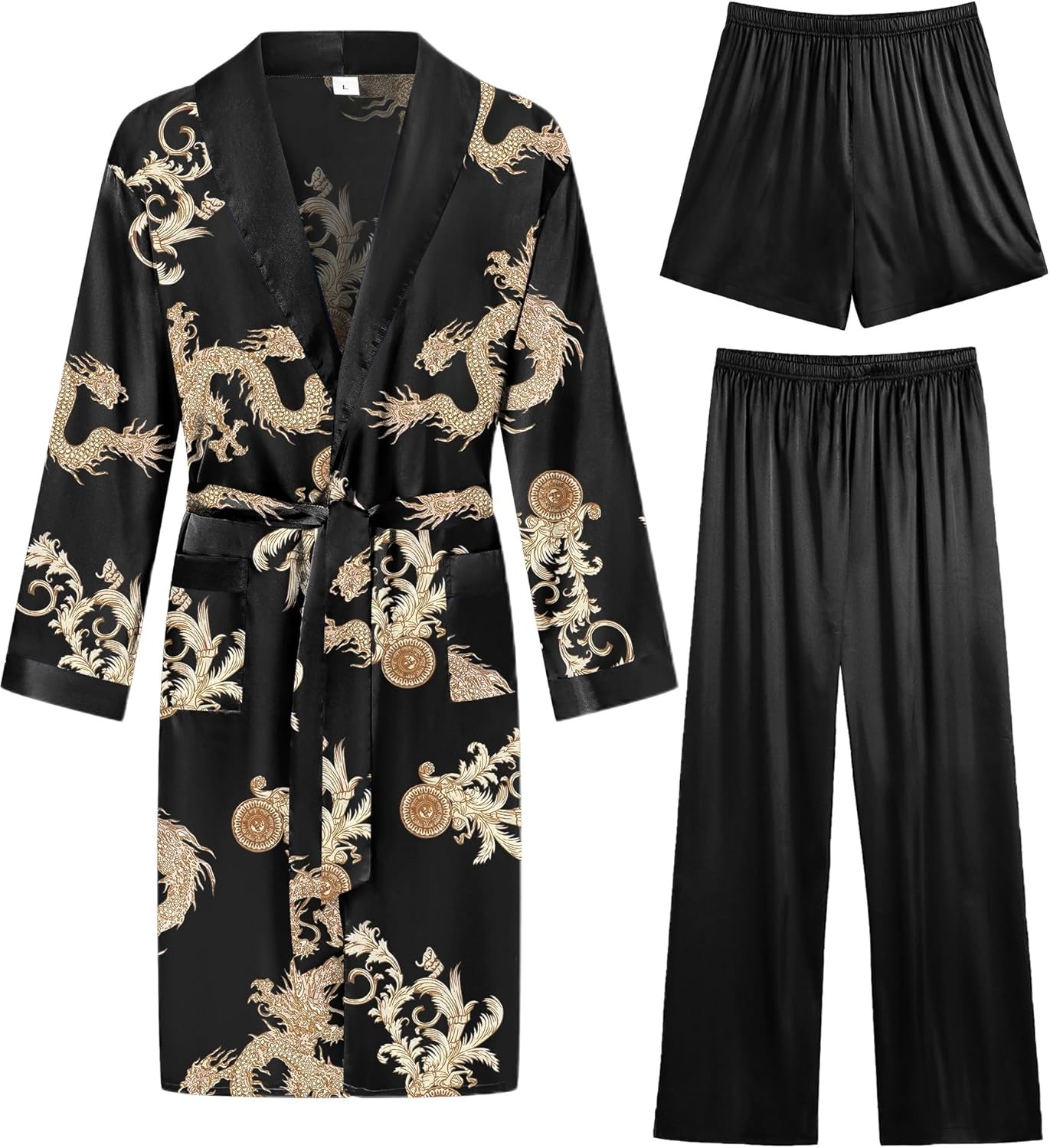 Men's 3-Piece Silk Satin Bathrobe Set Lightweight Kimono Sleepwear with Shorts