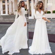 Simple A-Line Wedding Dresses V-Neck Long Sleeves Lace Appliques Bridal Gowns