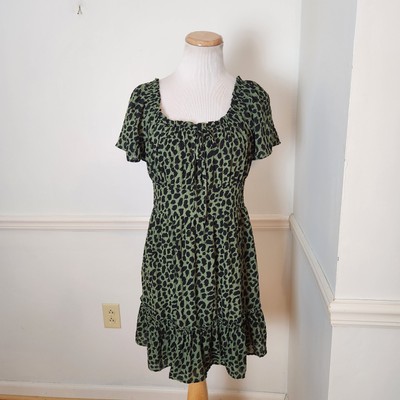 New Francescas Mi Ami Dress Size Medium Green Leopard Peasant Casual Cocktail 
