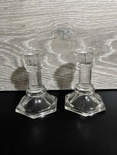 Vtg set of 2 F.T.D.A. Clear Glass Candlestick 4" Candle Holders W/Hexagonal Base
