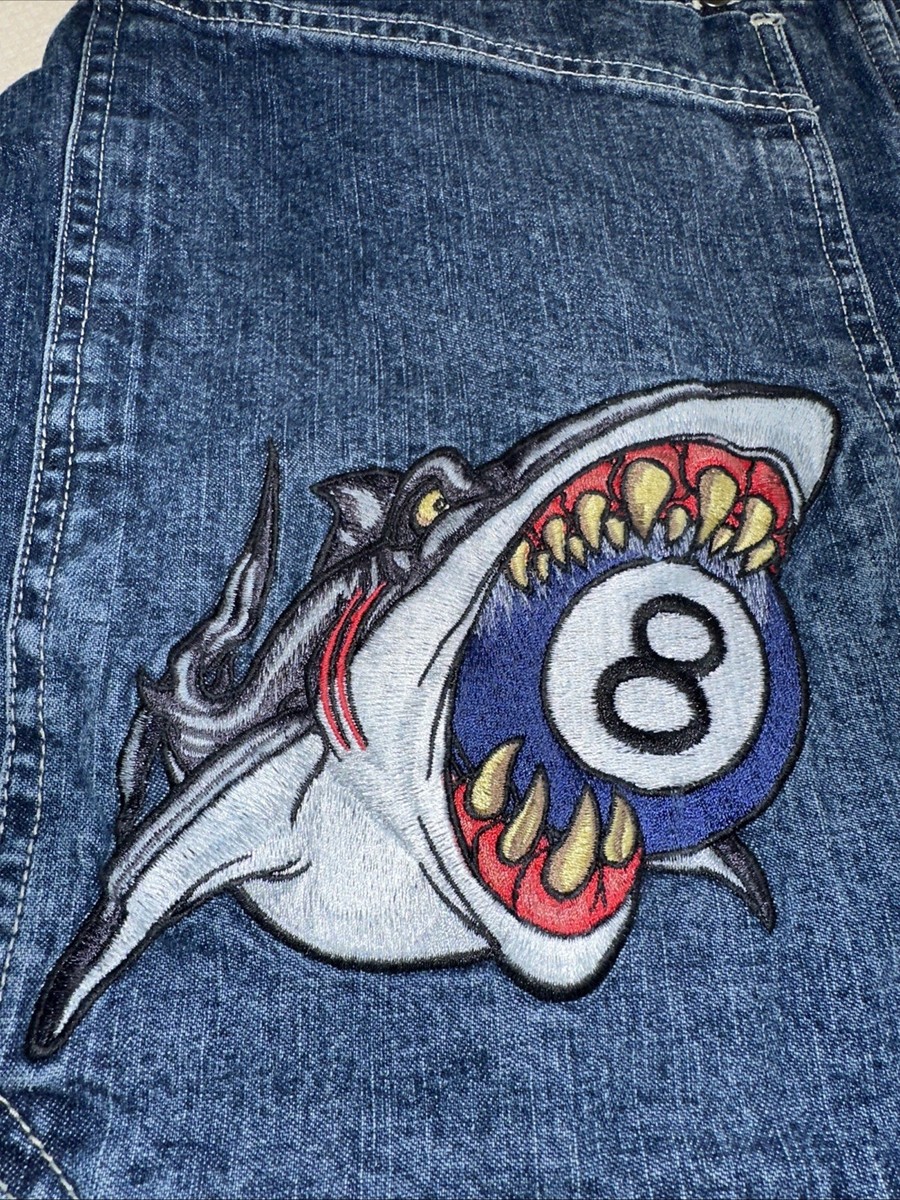 NWT Y2K Mens JNCO Denim Shark 8 Ball Hip Hop Skater Shorts