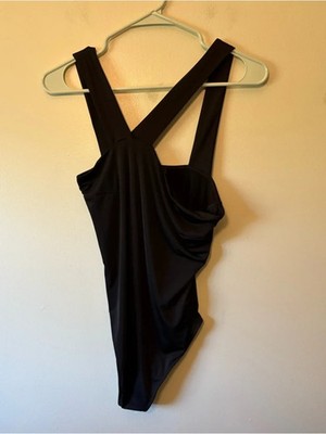 Express Black Asymmetrical Sleeve Bodysuit, Size Medium Women s