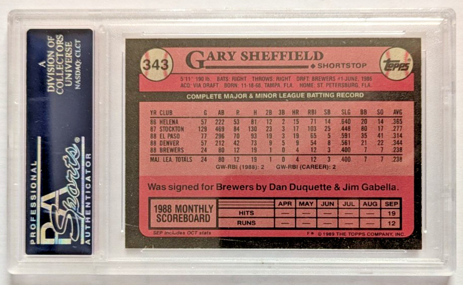 Gary Sheffield 1989 Topps #343 PSA 10 RC ROOKIE view 2