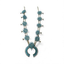 Silver  Turquoise Shaped Flower Necklace 28"