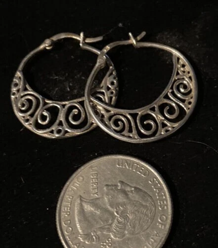 Винтажные плоские открытые филигранные серьги-кольца из чистого серебра юго-западные обручи - Изображение 2 из 3