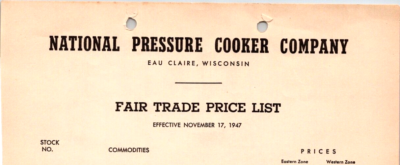 #ad 1947 National Pressure Cooker Company Fair Trade Price List EAU CLAIRE WI BS216 $17.99