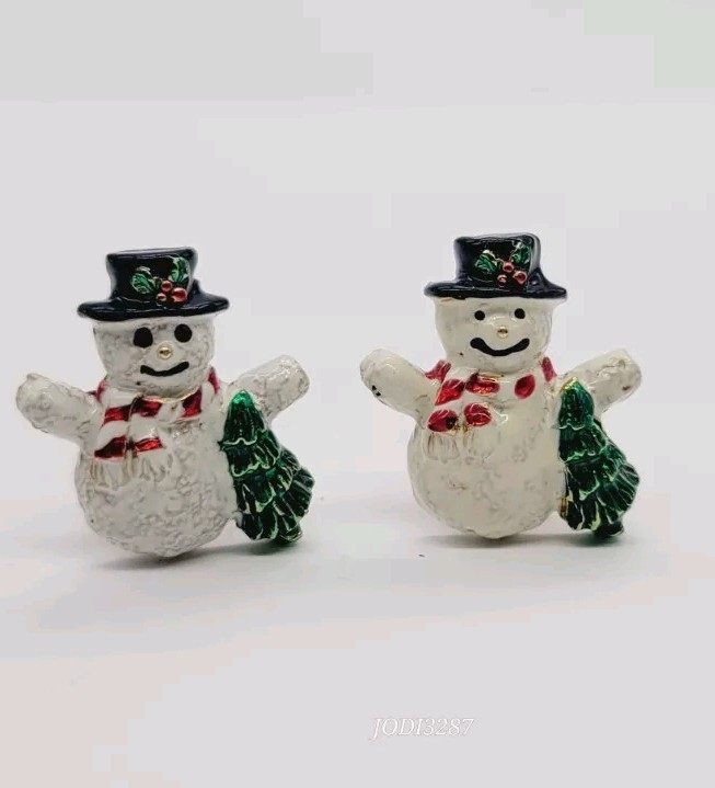 Snowman Earrings Clip on Christmas Gold tone enamel 1 in Chunky Vintage
