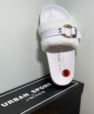 NEW! Urban Sport J SLIDES White Buckle Up Slides Size Women