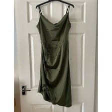 Pretty Little Thing- Khaki Satin Strappy Ruched Side, Midi Dress