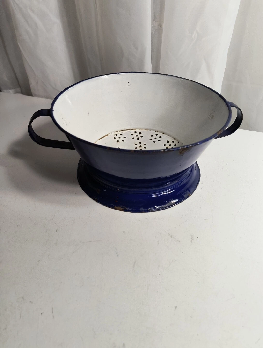 Vintage Rustic Blue & White Enamelware Colander Strainer Sieve With Handles