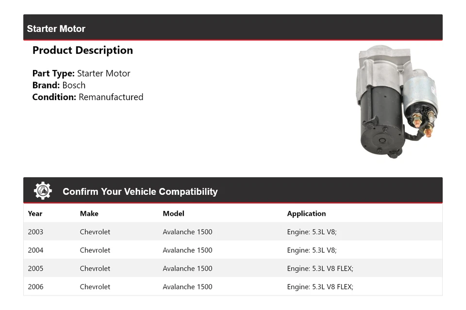 Arranque Bosch Chevrolet Avalanche 1500 2003-2006 (remanufacturado) 2004 2005 Foto 2 de 4