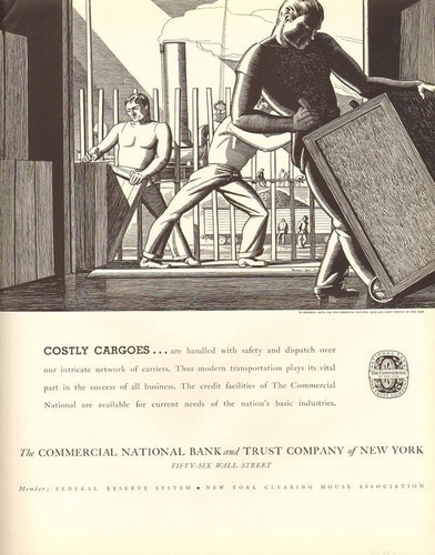 1934 ROCKWELL KENT ART DECO NATIONAL BANK FACTORY BOAT TRAIN CARGO ART AD17838