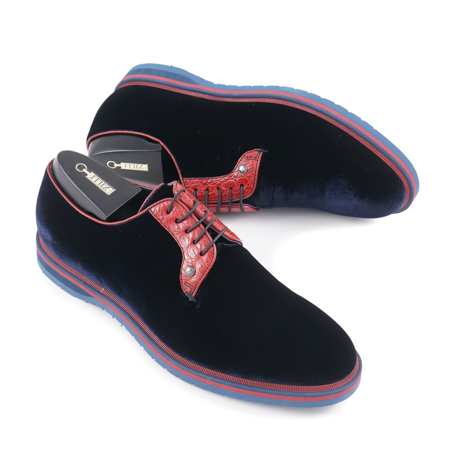 SAOLA Scarpe Zilli Blu Navy Derby velluto con accenti di coccodrillo originali 8 (Eu 41)