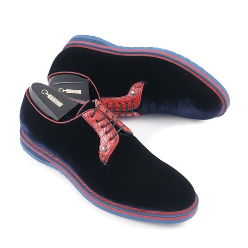 Zilli Navy Blue Velvet Derby with Genuine Crocodile Accents 8 (Eu 41) Shoes